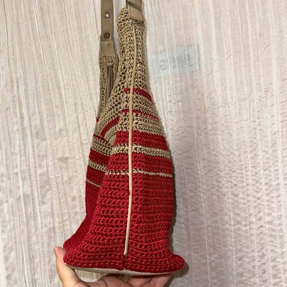 Red Tan Macrame Crochet Hobo Bag Purse